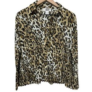 Vintage 90s Y2K E.K. Designs Blouse Leopard Print Button Up Crinkle Shirt Medium